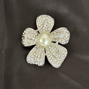Silver Flower Brooch with Pearl Center and Sparkling Petals